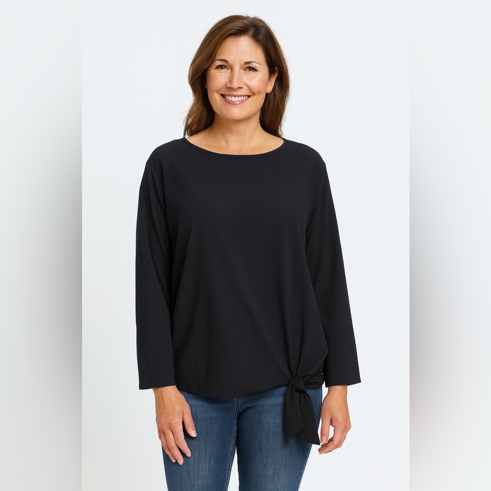 Talbots‎ Womens Blouse Side Tie Black Large Round Neck Long Sleeve Minimalist